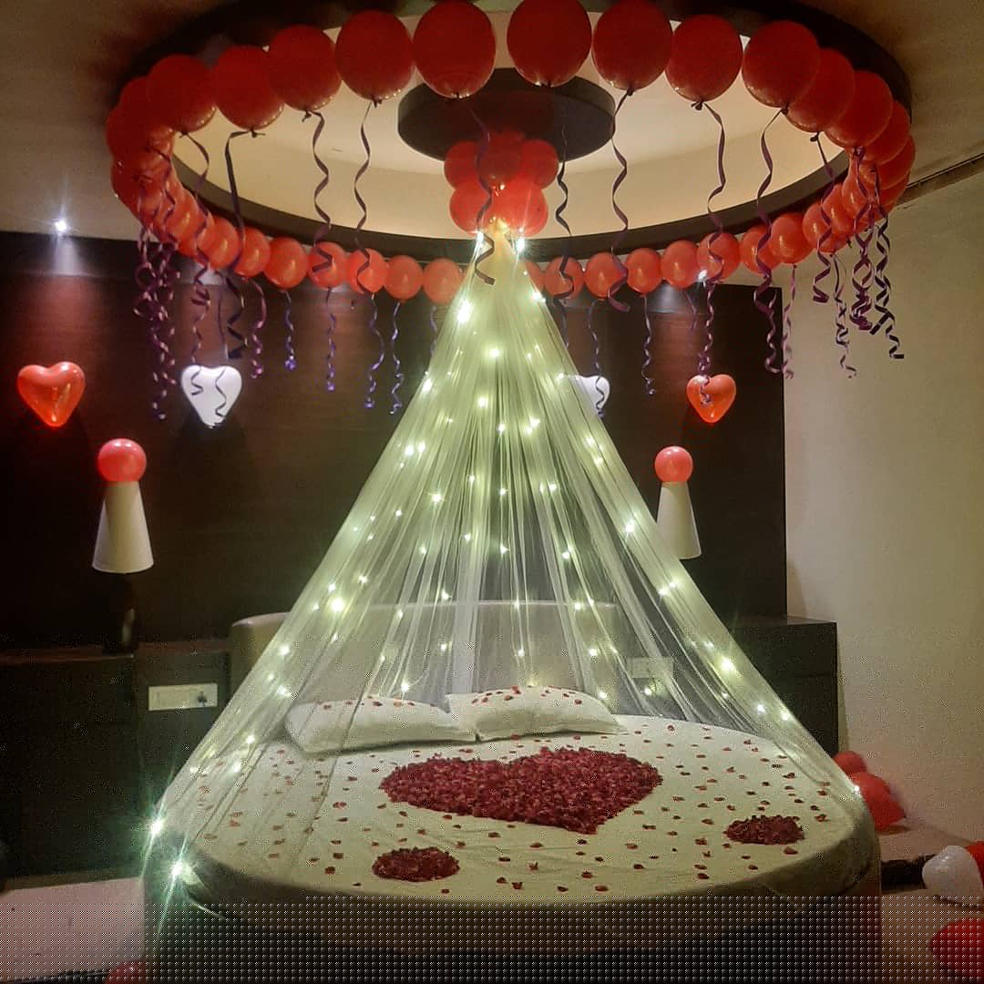 Room decoration by Balloons Decorations Anand and All Events in Anand Gujarat - romantic room setup, balloon decor and event decoration